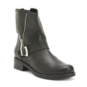 HELENE ROUGE Black Made In Spain Leather Side Zip Moto Booties